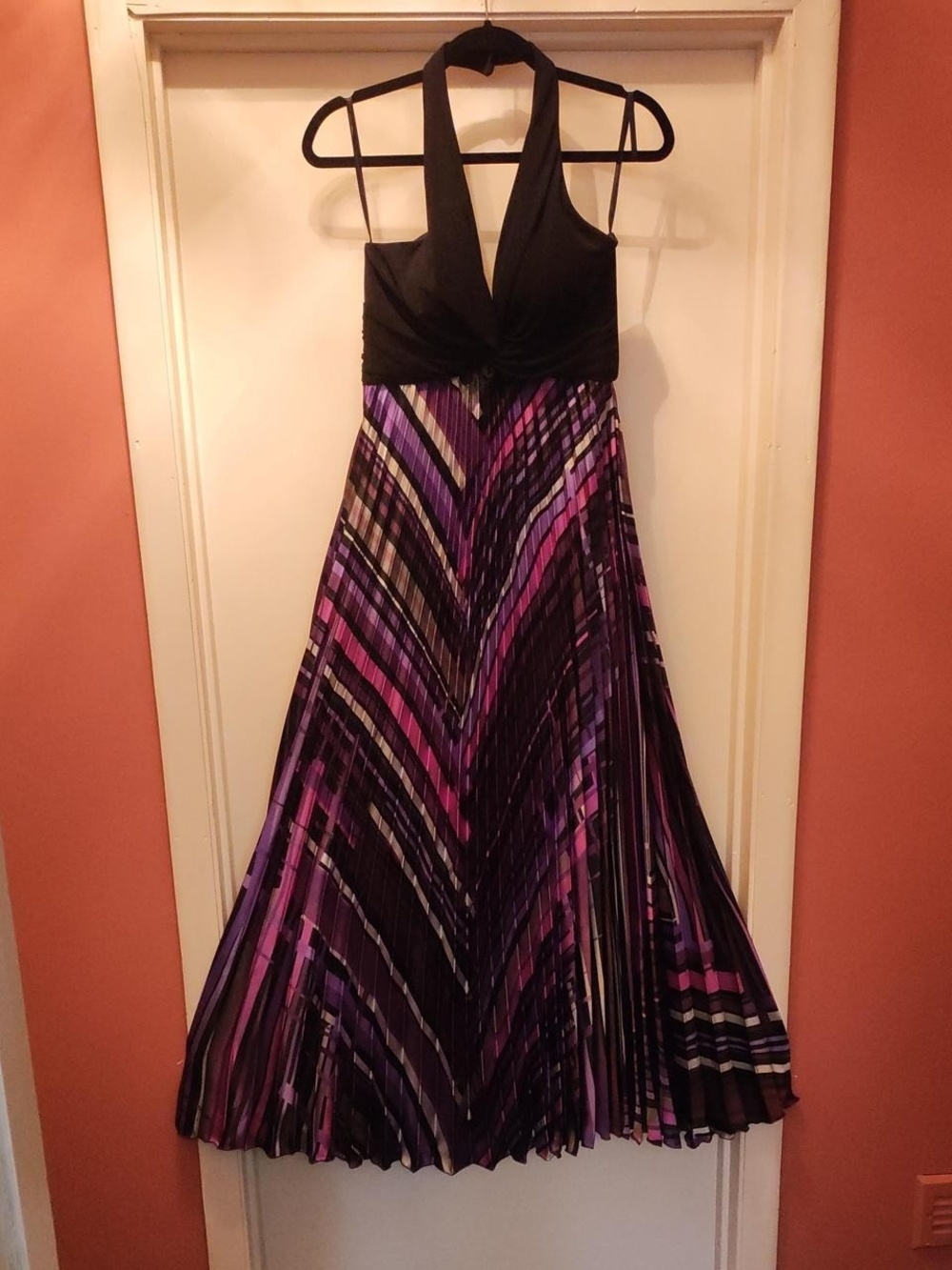 Betsy & Adam Black Halter Maxi with Purple and Magenta Pleated Skirt